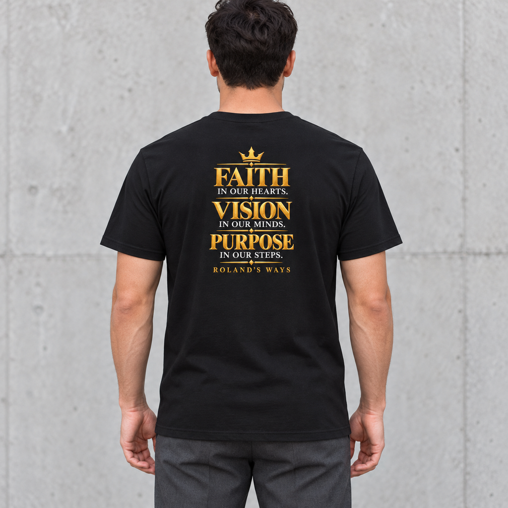 Back-view outfit mockup showing Faith, Vision and Purpose printed on the black Roland’s Ways tee
