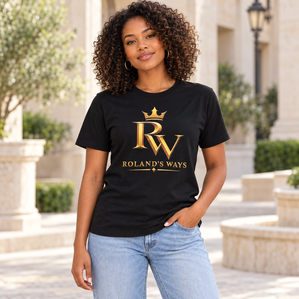 Outdoor lifestyle mockup of a woman wearing the Roland’s Ways black signature tee with denim