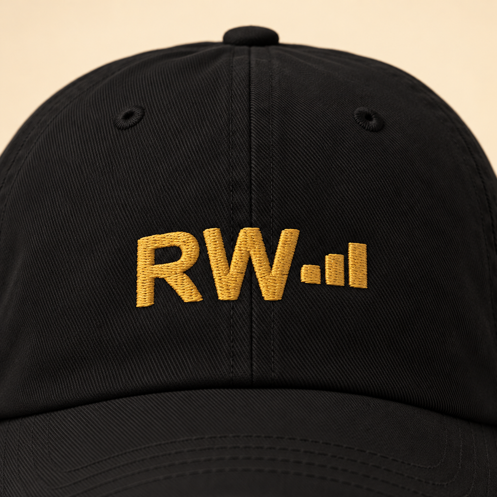 Roland’s Ways signature black embroidered hat — embroidery closeup; digital mockup
