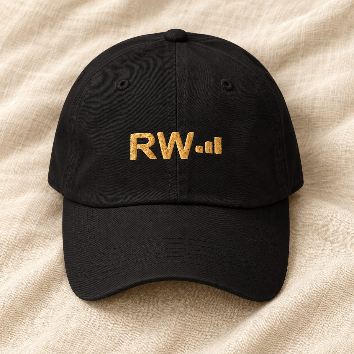 Roland’s Ways signature black embroidered hat — flatlay; digital mockup