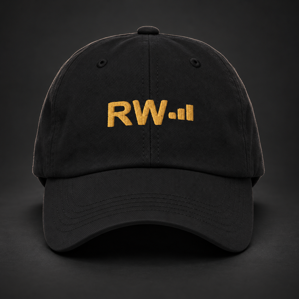 Roland’s Ways signature black embroidered hat — front studio; digital mockup