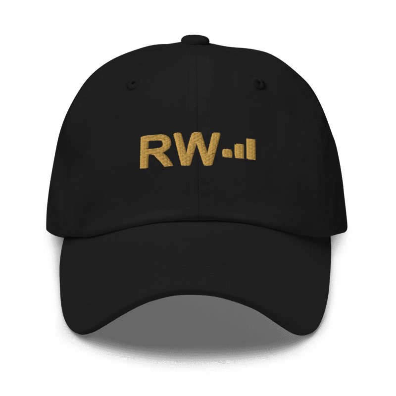 Black Roland’s Ways hat with gold RW flat embroidery — supplier digital mockup