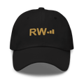 Black Roland’s Ways hat with gold RW flat embroidery — supplier digital mockup