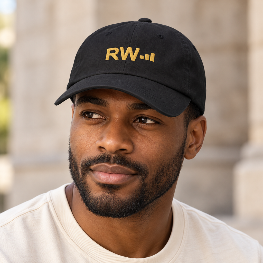 Roland’s Ways signature black embroidered hat — lifestyle; digital mockup