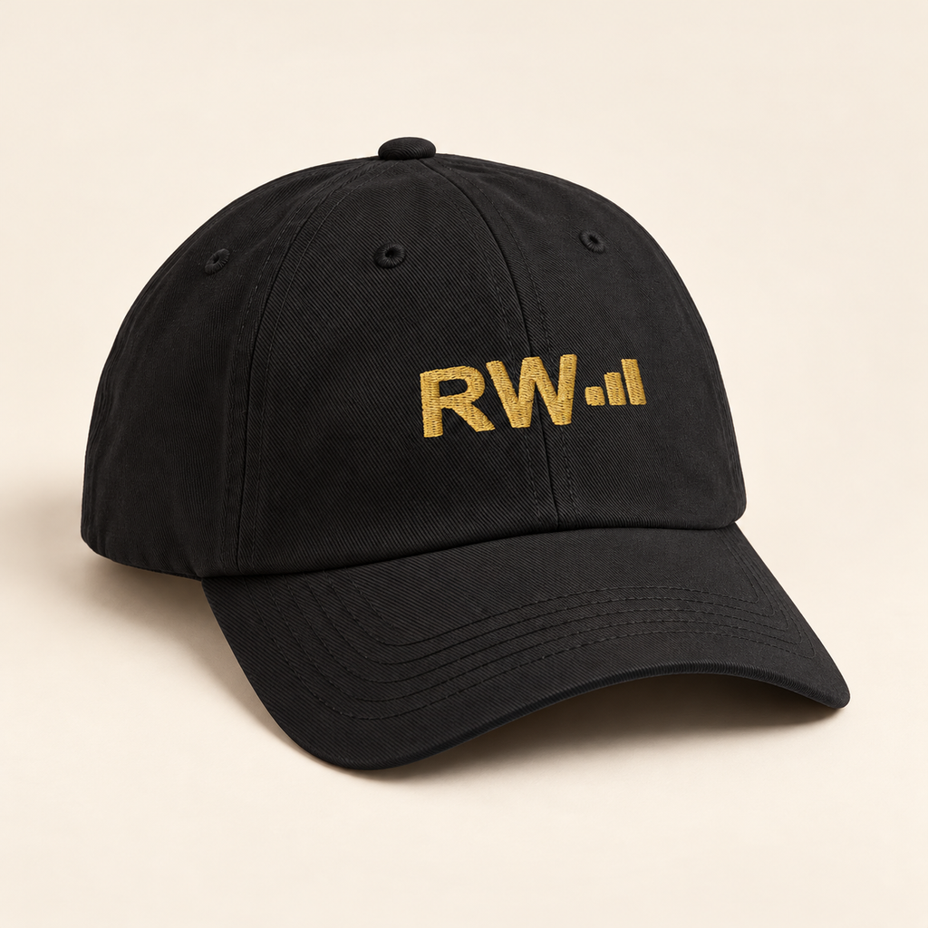 Roland’s Ways black embroidered hat — three-quarter studio view; digital mockup