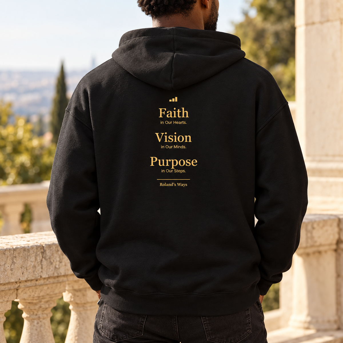 Roland’s Ways Signature Hoodie — back lifestyle; AI-generated digital mockup