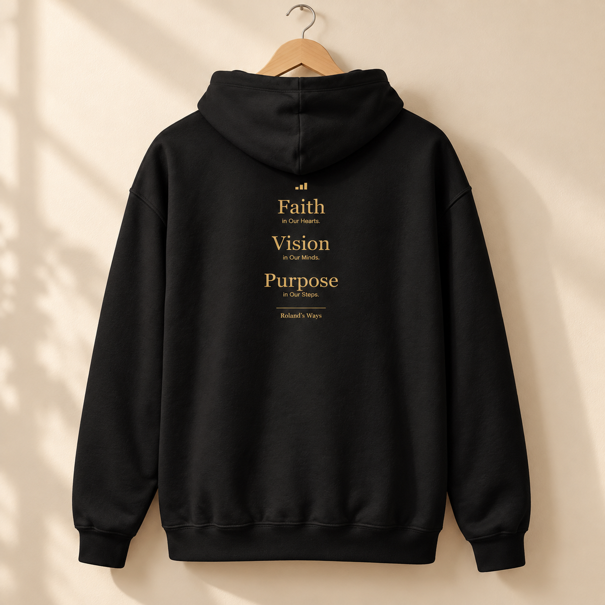 Roland’s Ways Signature Hoodie — back studio; AI-generated digital mockup