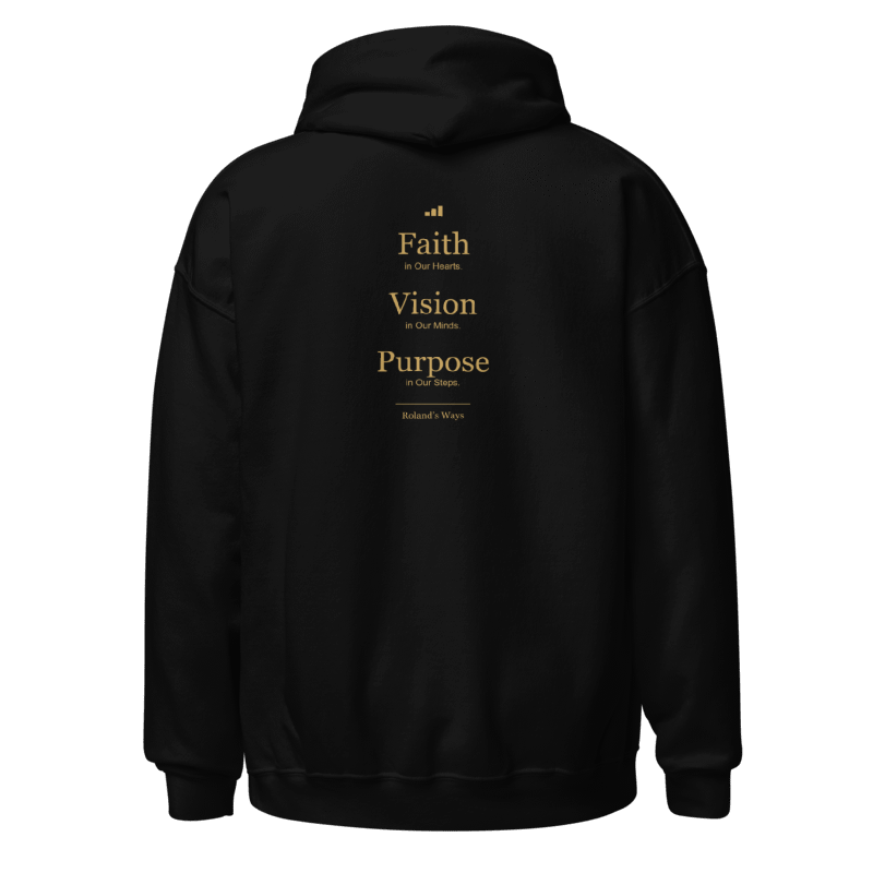 Roland’s Ways black signature hoodie — back gold printed design