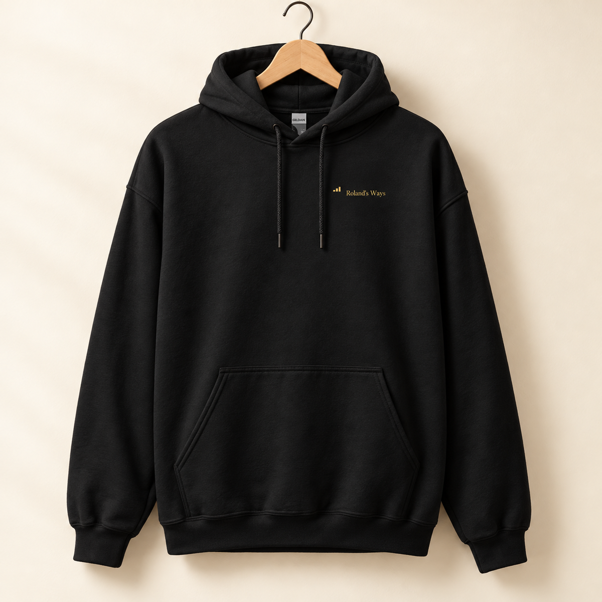 Roland’s Ways Signature Hoodie — front studio; AI-generated digital mockup