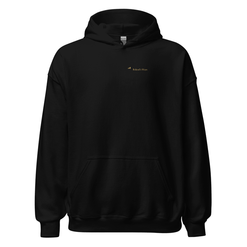 Roland’s Ways black signature hoodie — front gold printed design