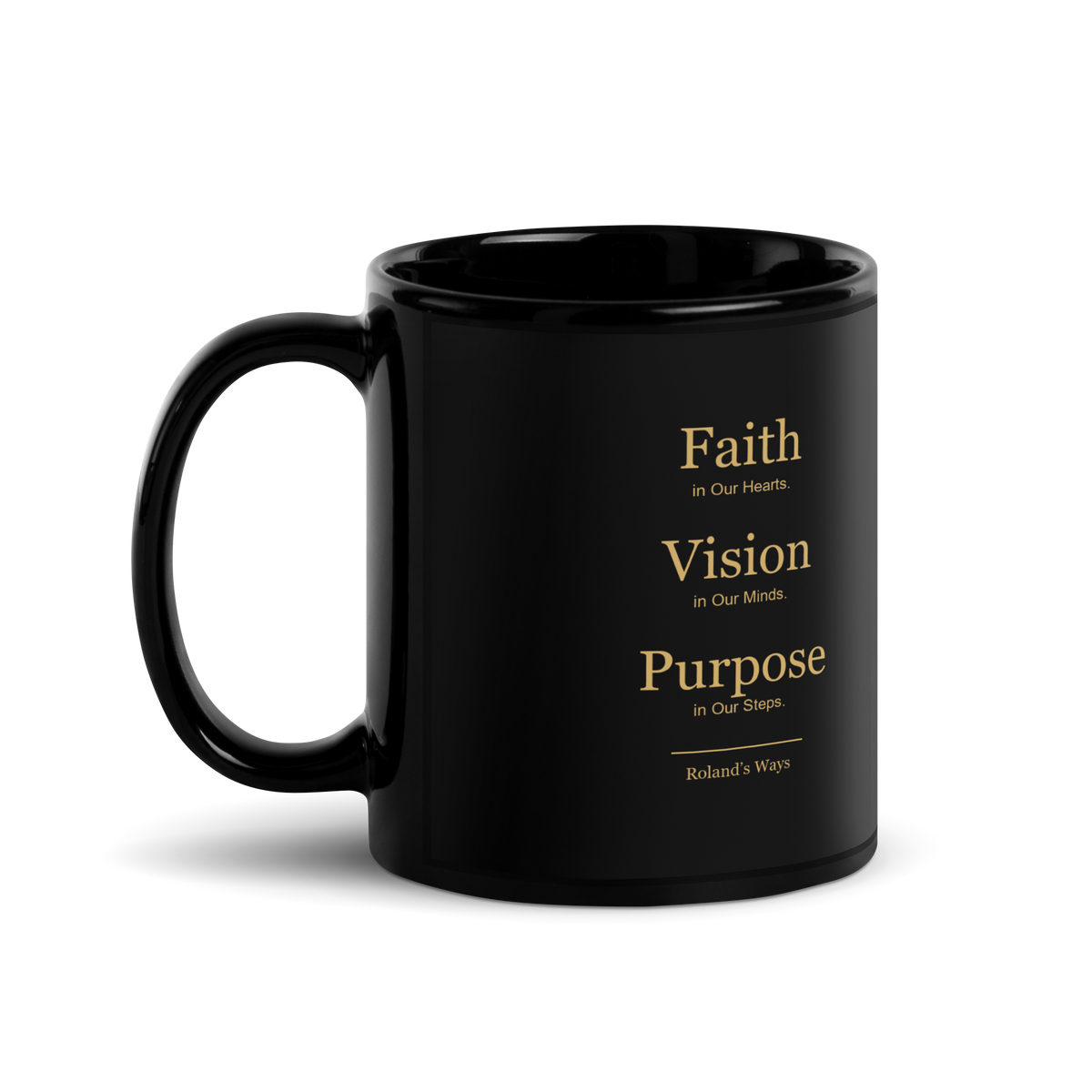 Roland’s Ways signature black mug with gold printed artwork — 11 oz