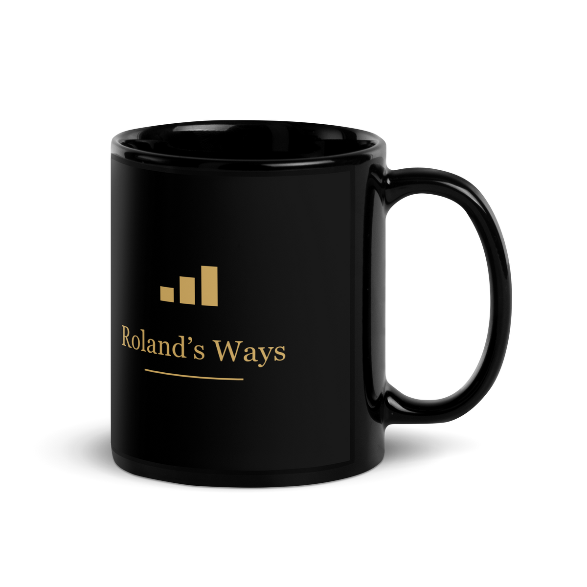 Roland’s Ways signature black mug with gold printed artwork — 11 oz