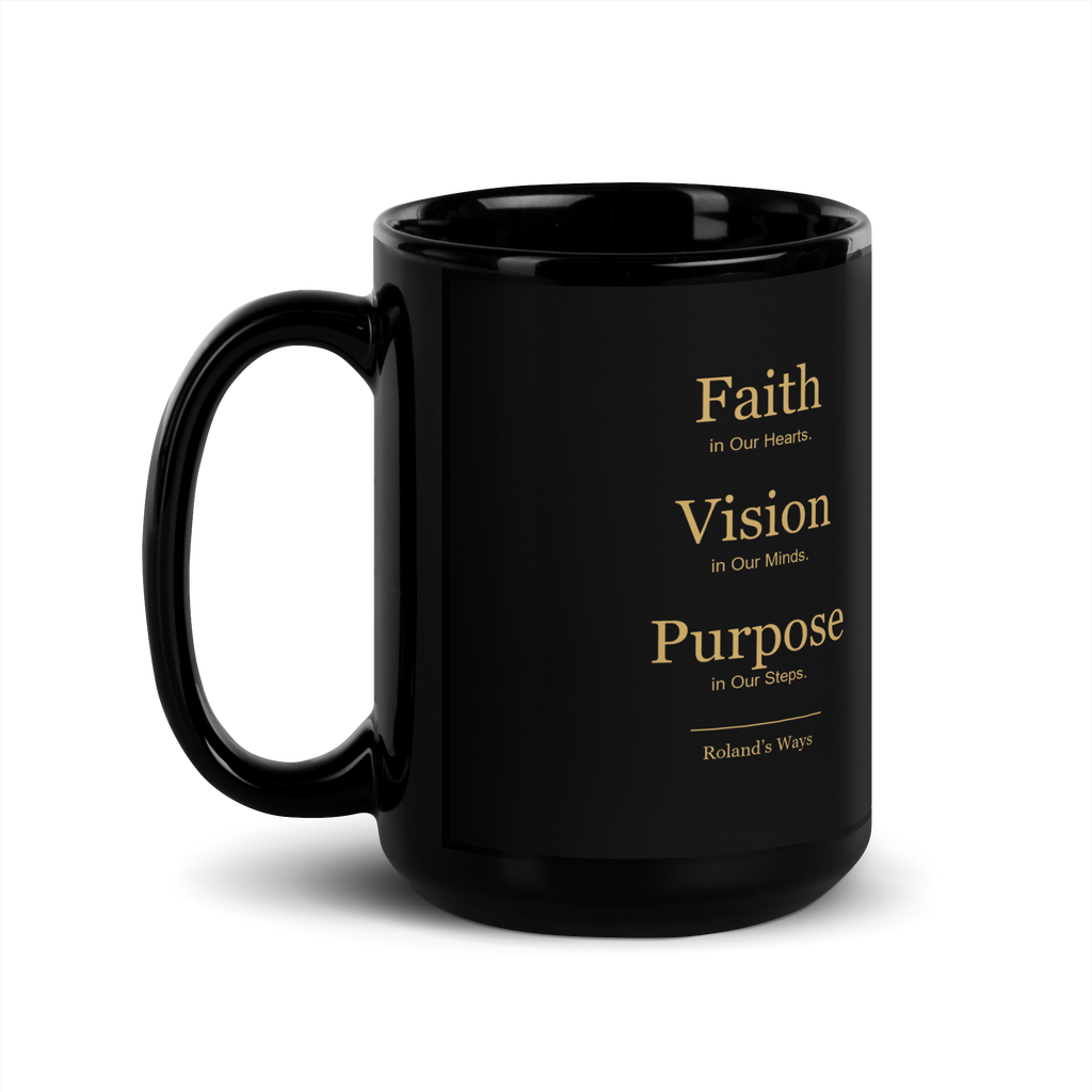Roland’s Ways signature black mug with gold printed artwork — 15 oz