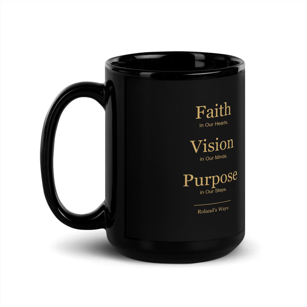 Roland’s Ways signature black mug with gold printed artwork — 15 oz