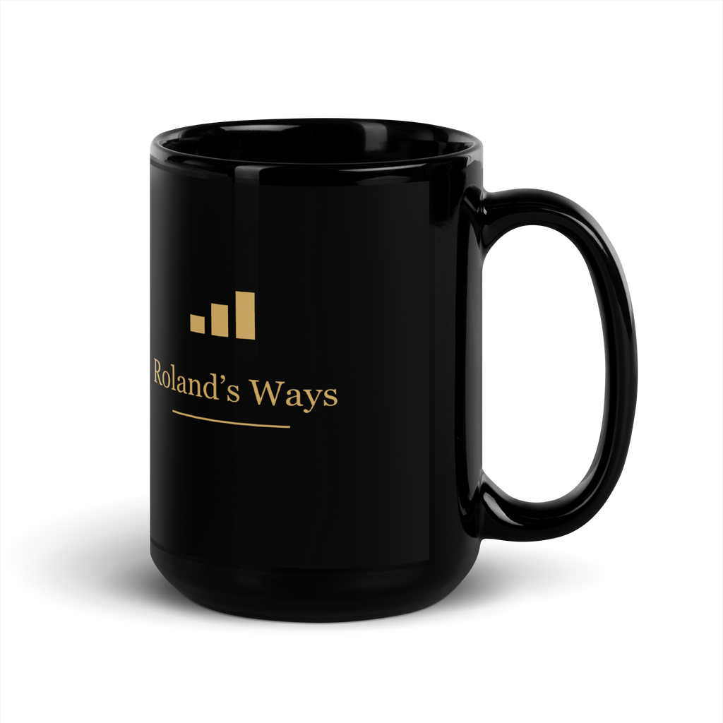 Roland’s Ways signature black mug with gold printed artwork — 15 oz