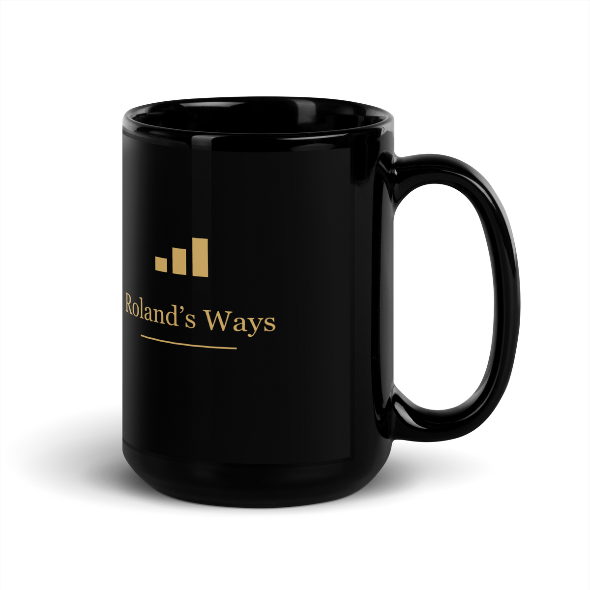 Roland’s Ways signature black mug with gold printed artwork — 15 oz