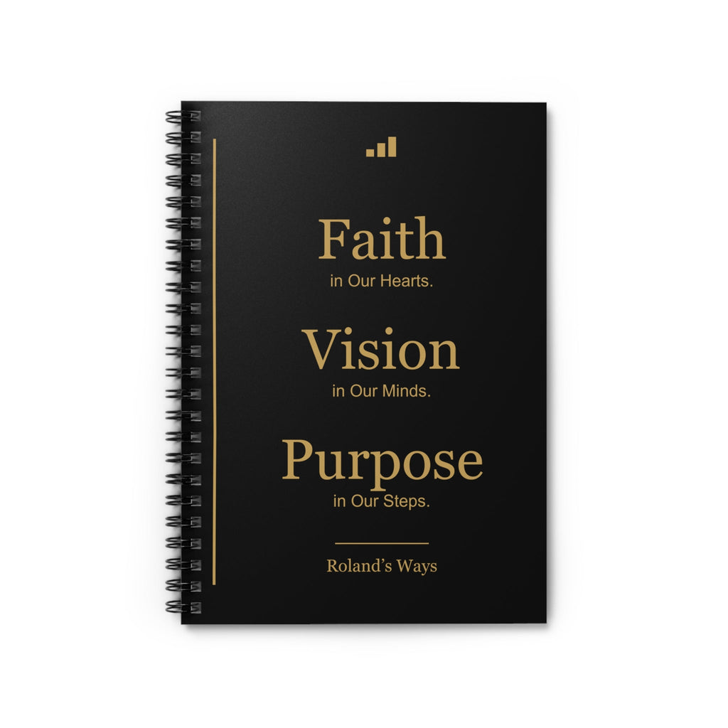Roland’s Ways Signature Notebook — black and gold front cover; supplier mockup