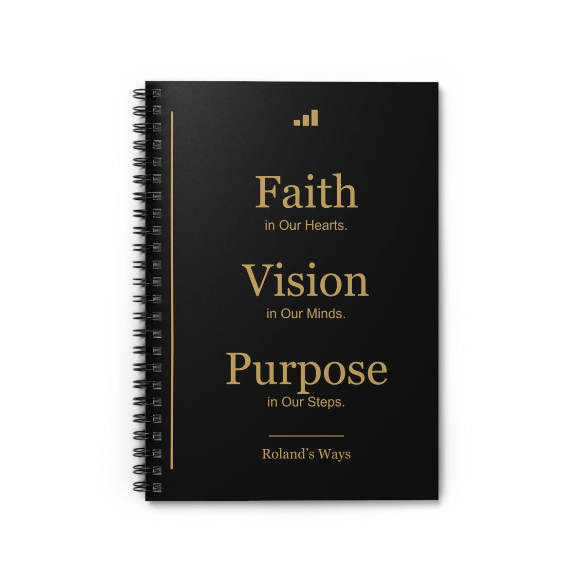 Roland’s Ways Signature Notebook — black and gold front cover; supplier mockup