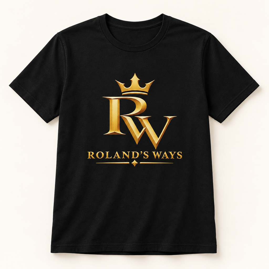 Studio mockup of the black Roland’s Ways Signature Edition #1 tee