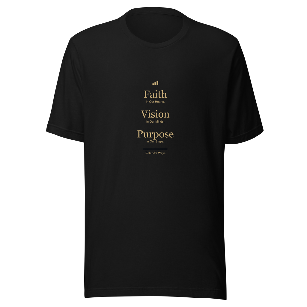 Black signature T-shirt with gold message; supplier digital preview