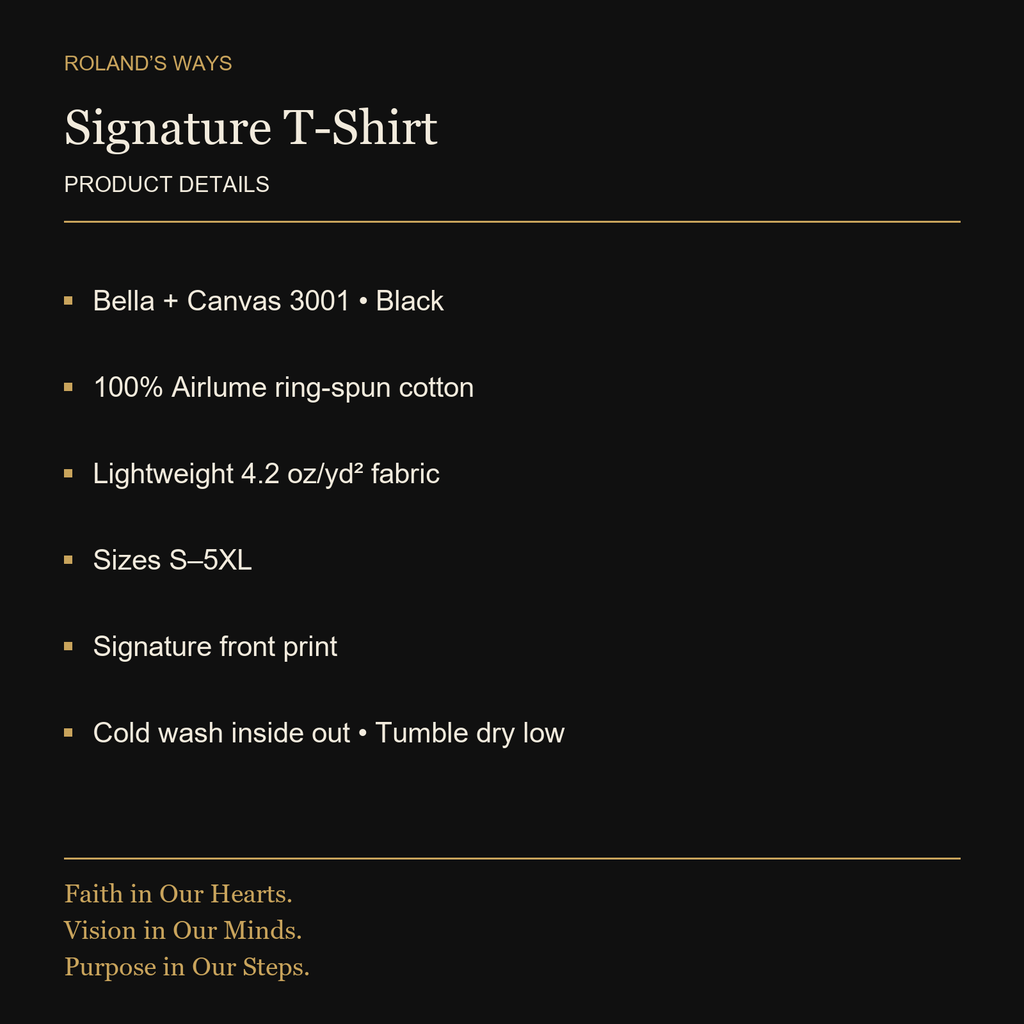 Signature T-Shirt — Bella + Canvas 3001 • Black. 100% Airlume ring-spun cotton. Lightweight 4.2 oz/yd² fabric. Sizes S–5XL. Signature front print. Cold wash inside out • Tumble dry low
