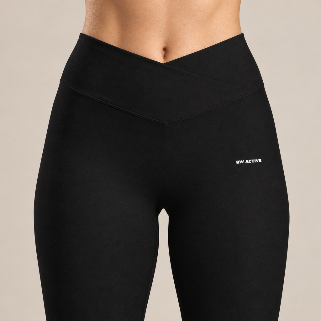 Illustrative close-up mockup of the RW ACTIVE leggings crossover waistband.