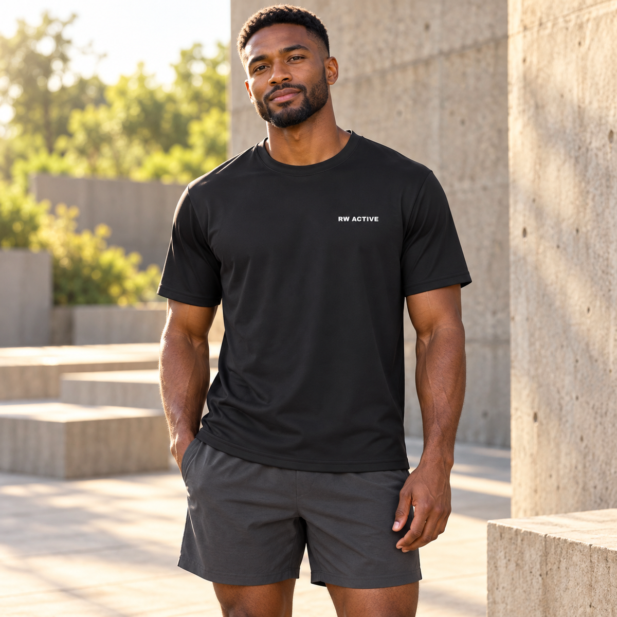 Illustrative lifestyle mockup of a man wearing the black RW ACTIVE performance tee.