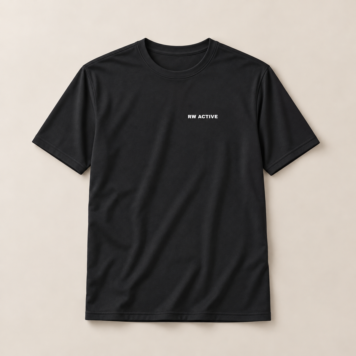 Illustrative studio mockup of the black RW ACTIVE men's performance tee.