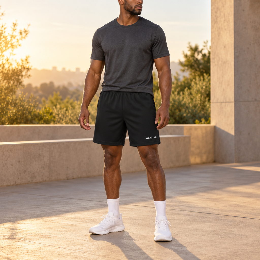Illustrative lifestyle mockup of a man wearing black RW ACTIVE performance shorts.