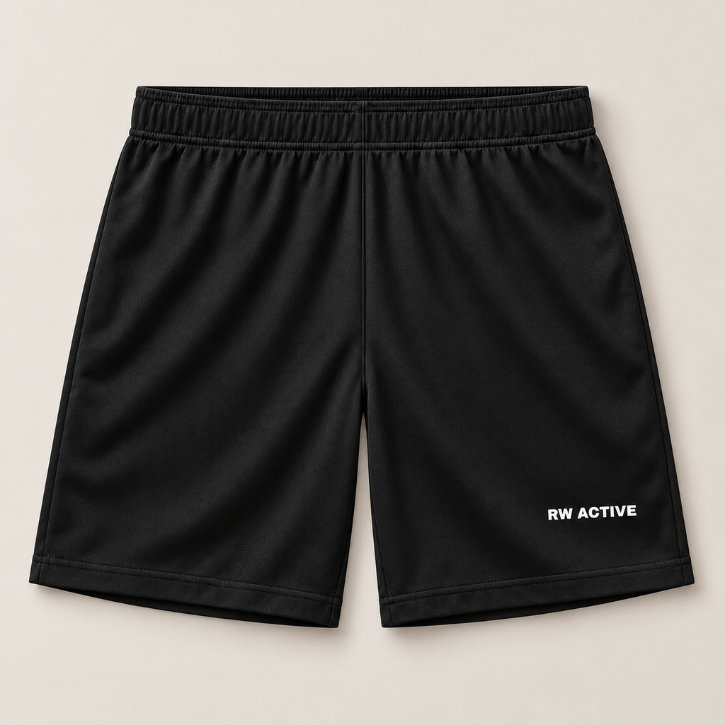Illustrative mockup of black RW ACTIVE men's performance shorts, front studio view.