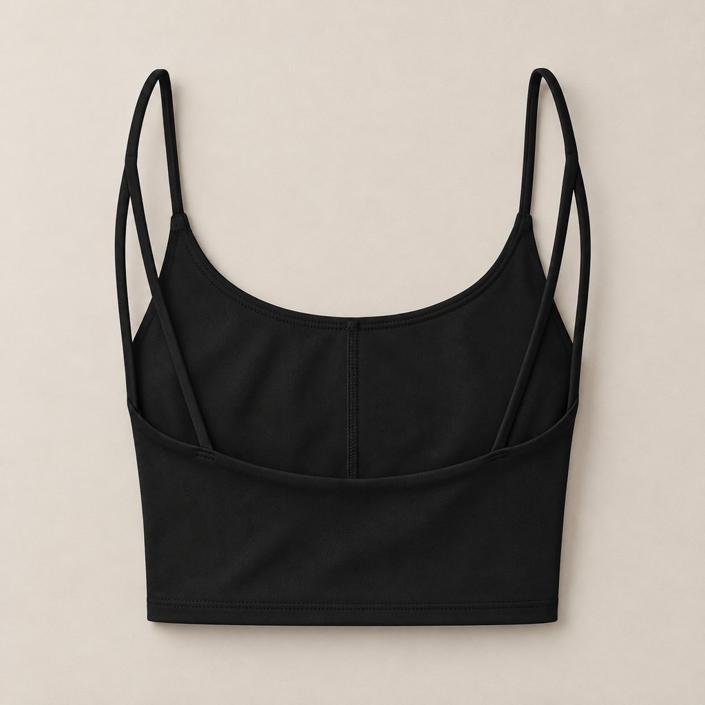 Illustrative studio mockup of the RW ACTIVE sports bra back and shoulder straps.