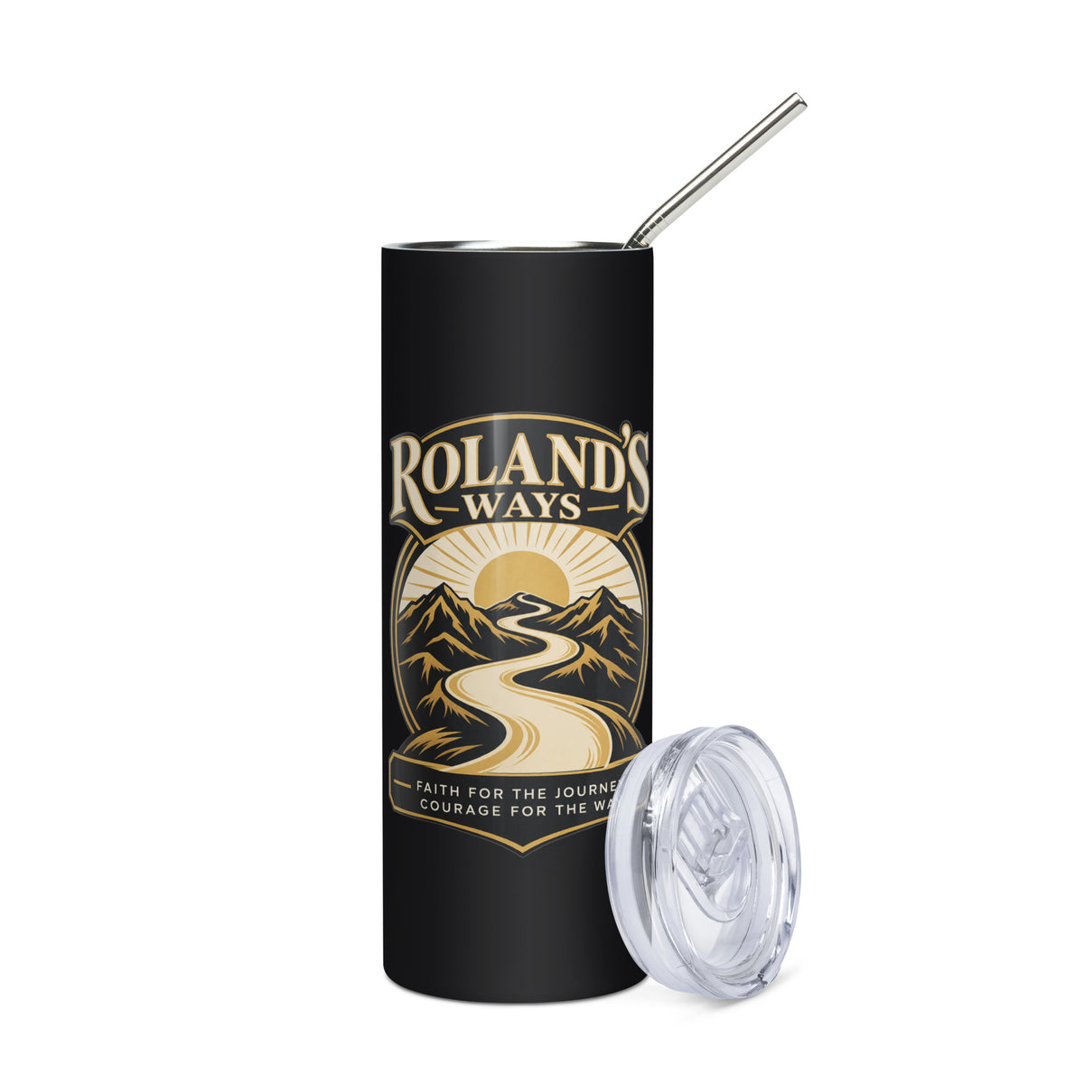 Roland’s Ways black and gold 20 oz tumbler product view