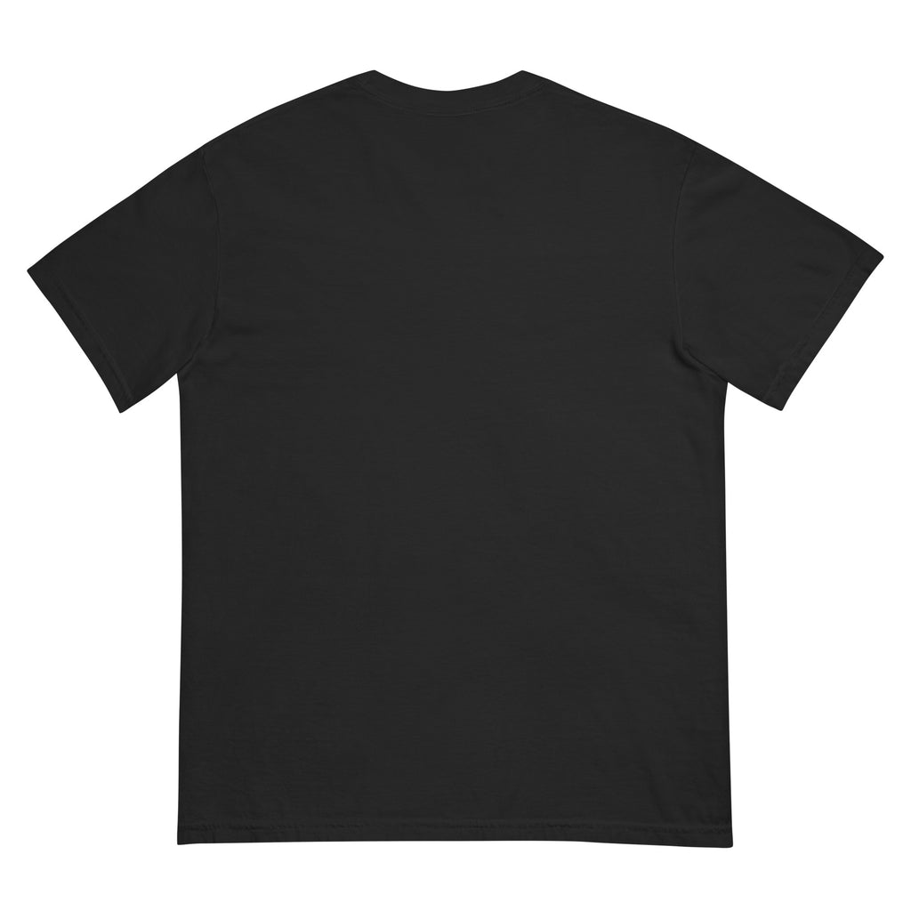 Back product mockup of the plain black Faith Fuels the Journey T-shirt.