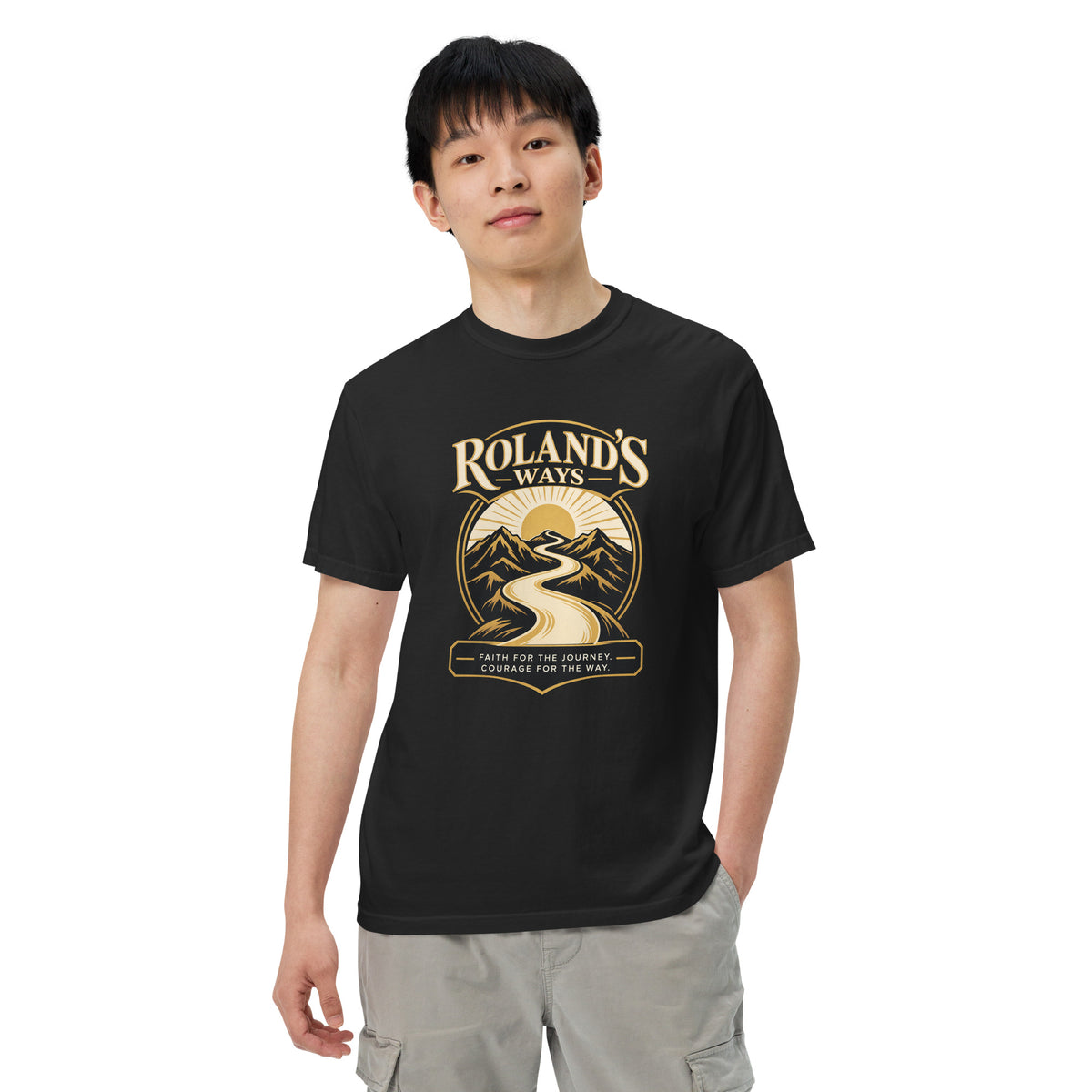 Faith for the Journey black T-shirt, front lifestyle view