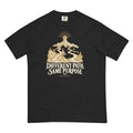 Front product mockup of the black Different Path, Same Purpose T-shirt with gold and ivory mountain artwork.