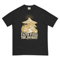 Front product mockup of the black Faith Fuels the Journey T-shirt with gold and ivory mountain artwork.