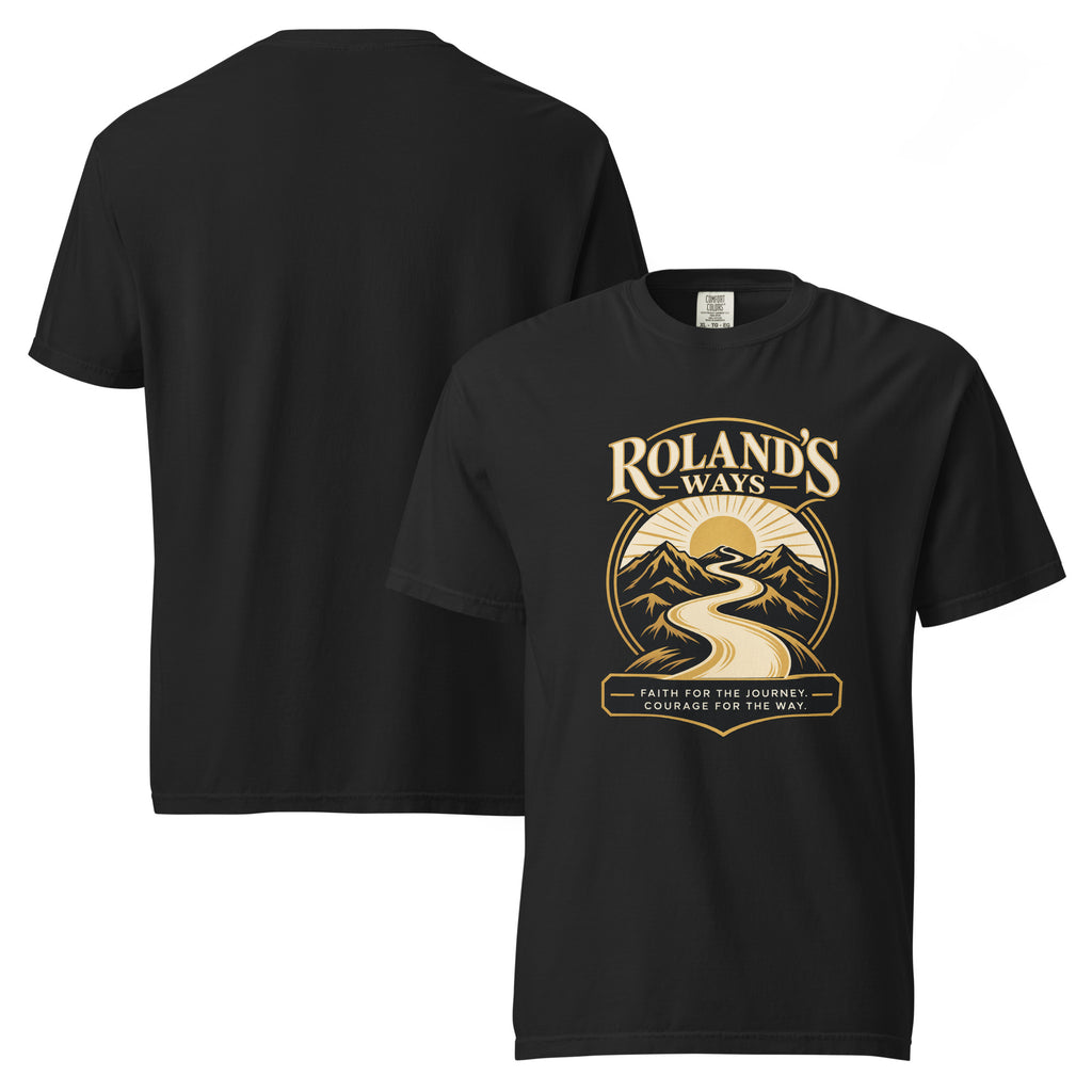 Black Faith for the Journey heavyweight T-shirt, front and back views