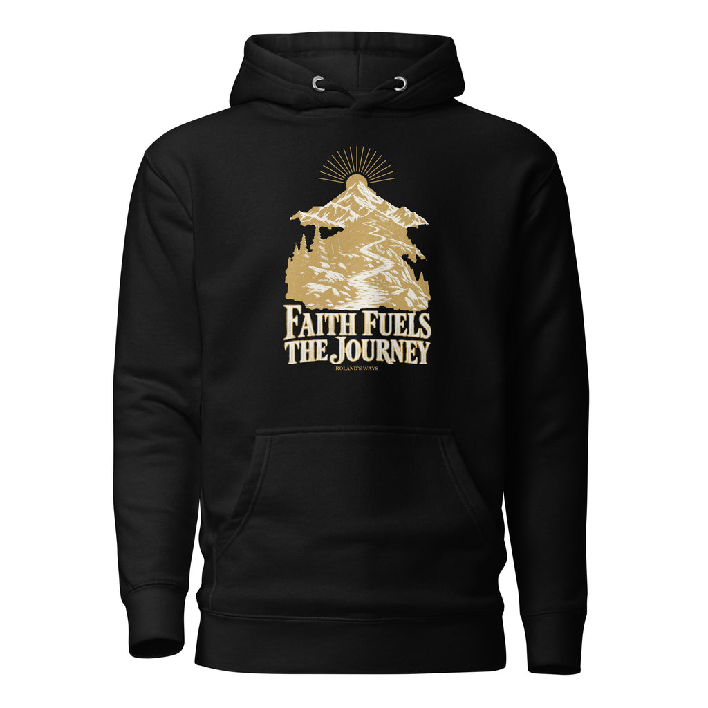 Faith Fuels the Journey Premium Hoodie in black, front view with gold and ivory Journey artwork.