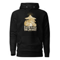 Faith Fuels the Journey Premium Hoodie in black, front view with gold and ivory Journey artwork.