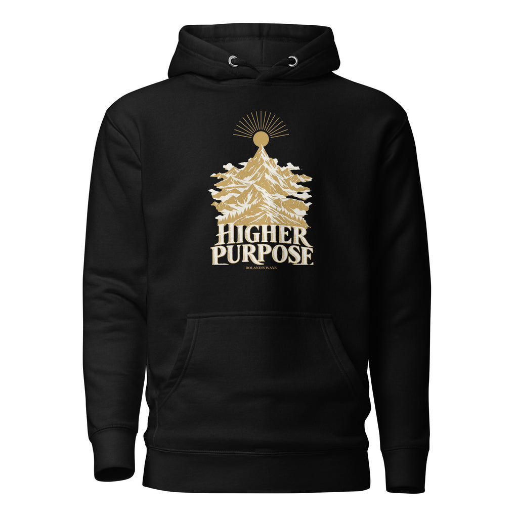 Higher Purpose Premium Hoodie in black, front view with gold and ivory Journey artwork.
