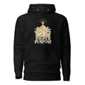 Higher Purpose Premium Hoodie in black, front view with gold and ivory Journey artwork.