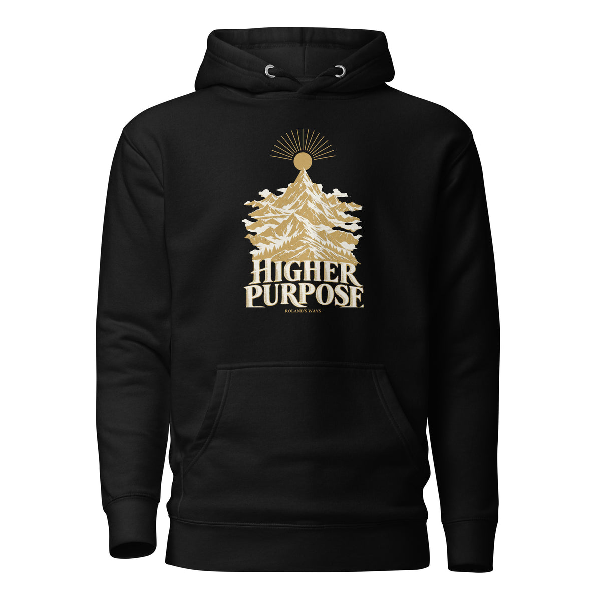 Higher Purpose Premium Hoodie in black, front view with gold and ivory Journey artwork.