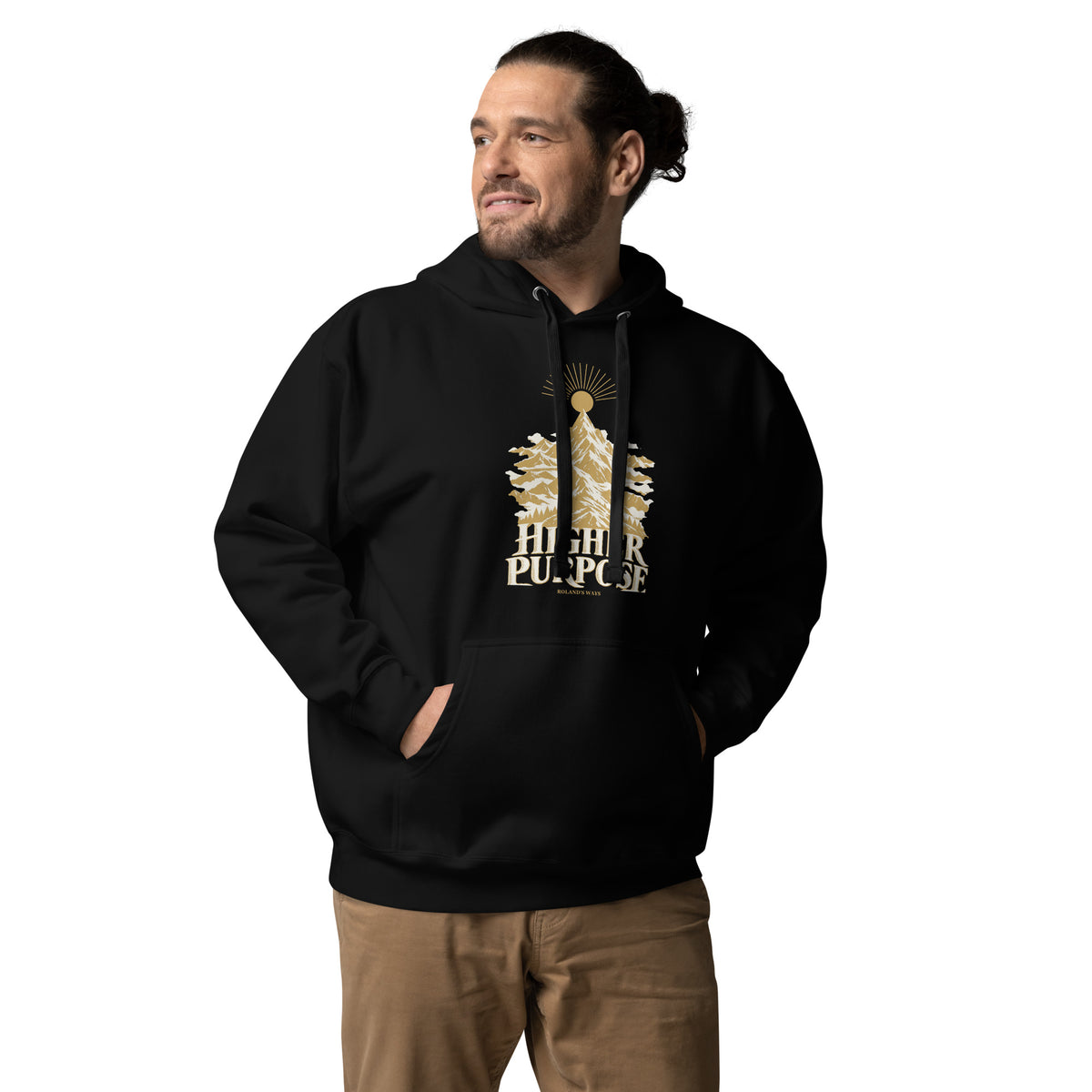 Higher Purpose Premium Hoodie in black, front view with gold and ivory Journey artwork.
