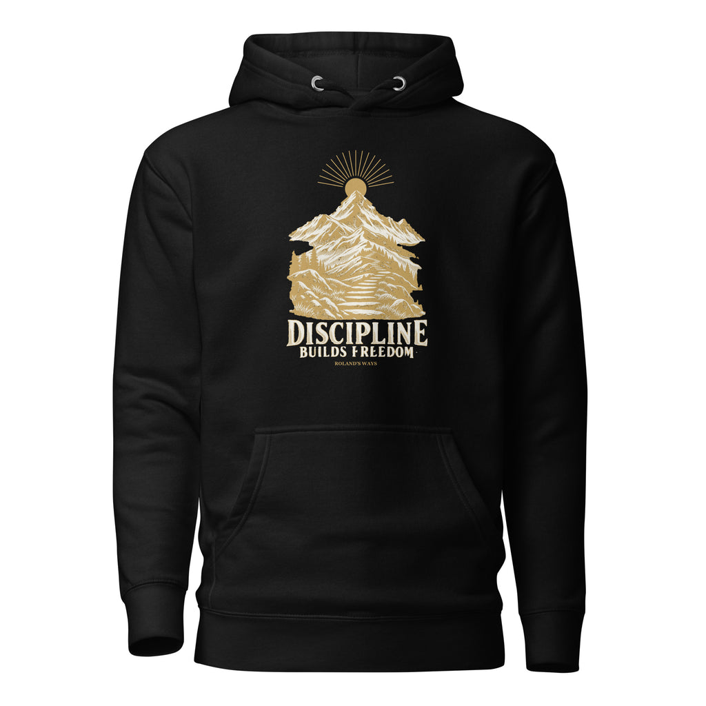 Discipline Builds Freedom Premium Hoodie in black, front view with gold and ivory Journey artwork.