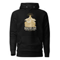 Discipline Builds Freedom Premium Hoodie in black, front view with gold and ivory Journey artwork.