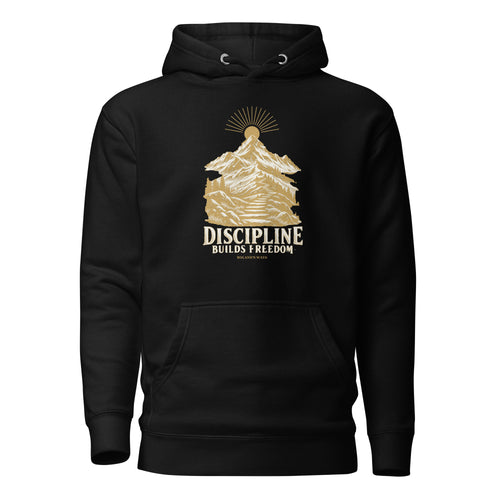 Discipline Builds Freedom Premium Hoodie in black, front view with gold and ivory Journey artwork.