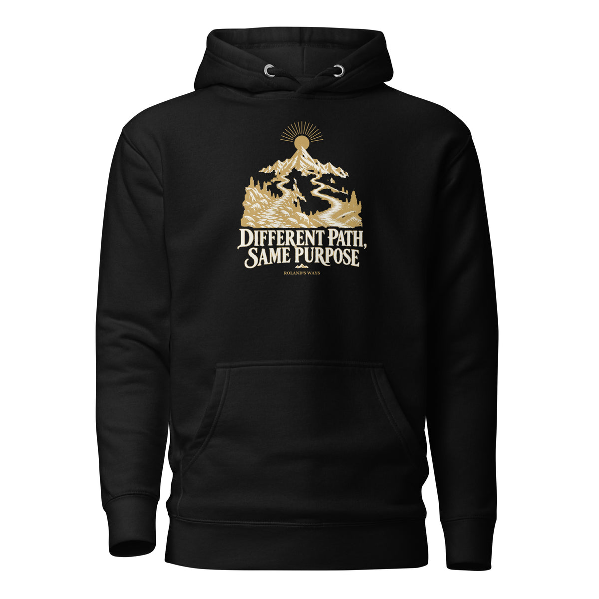 Different Path, Same Purpose Premium Hoodie in black, front view with gold and ivory Journey artwork.