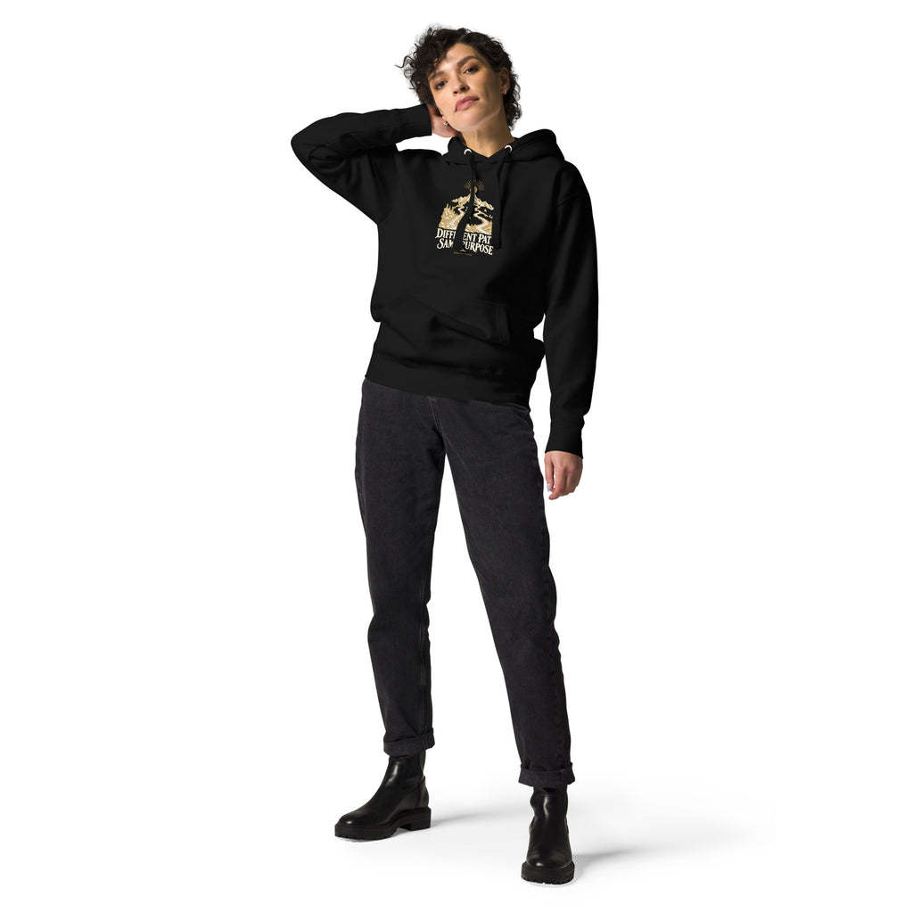 Different Path, Same Purpose Premium Hoodie in black, front view with gold and ivory Journey artwork.
