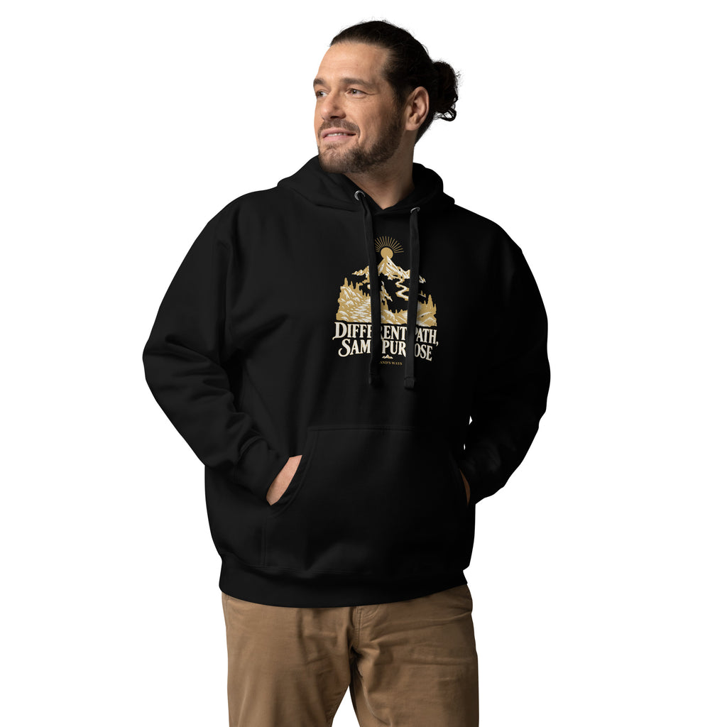 Different Path, Same Purpose Premium Hoodie in black, front view with gold and ivory Journey artwork.