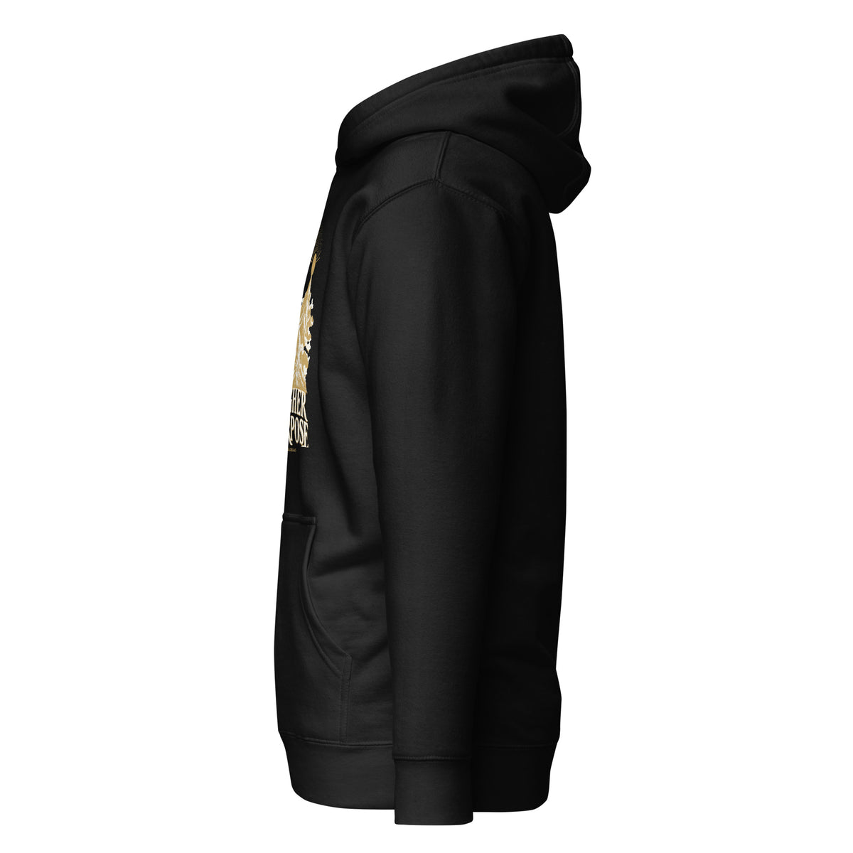 Higher Purpose Premium Hoodie in black, left-side view with gold and ivory Journey artwork.